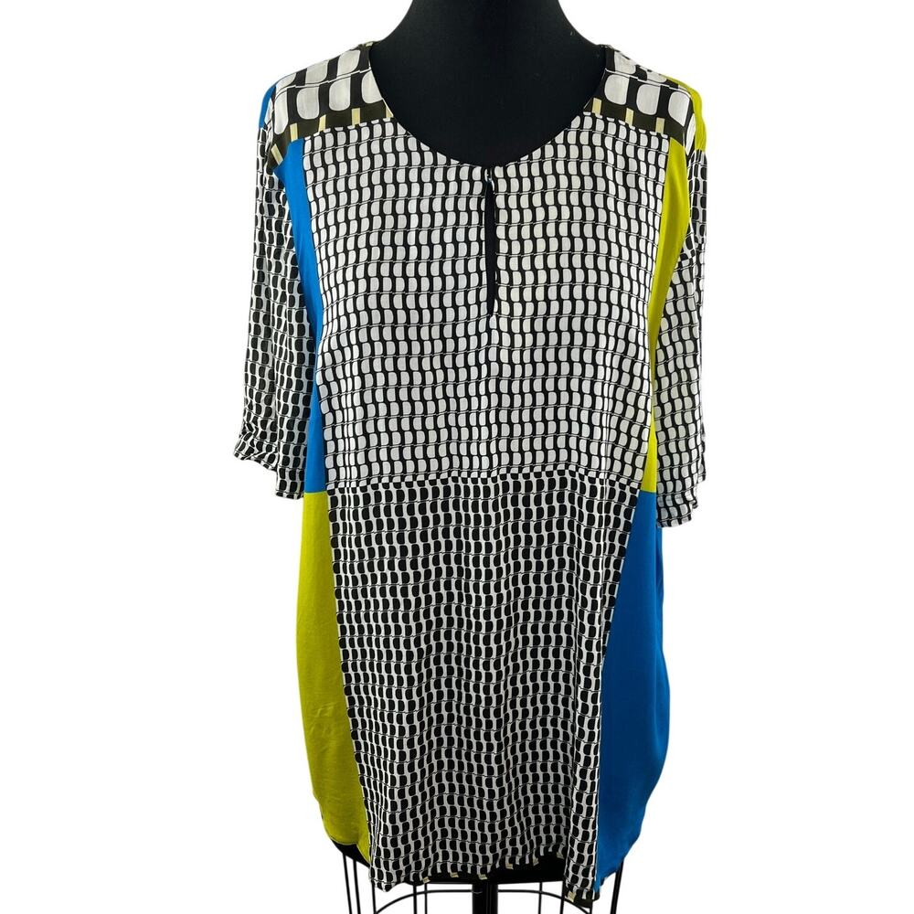 ERFO Geometric Print Gray White Blue Yellow Blouse Top Size 44